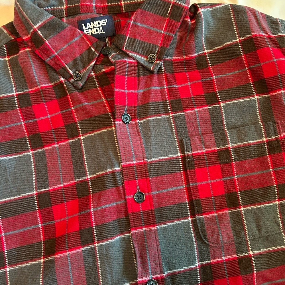 Lands' End Men's Red and Gray Plaid Shirt